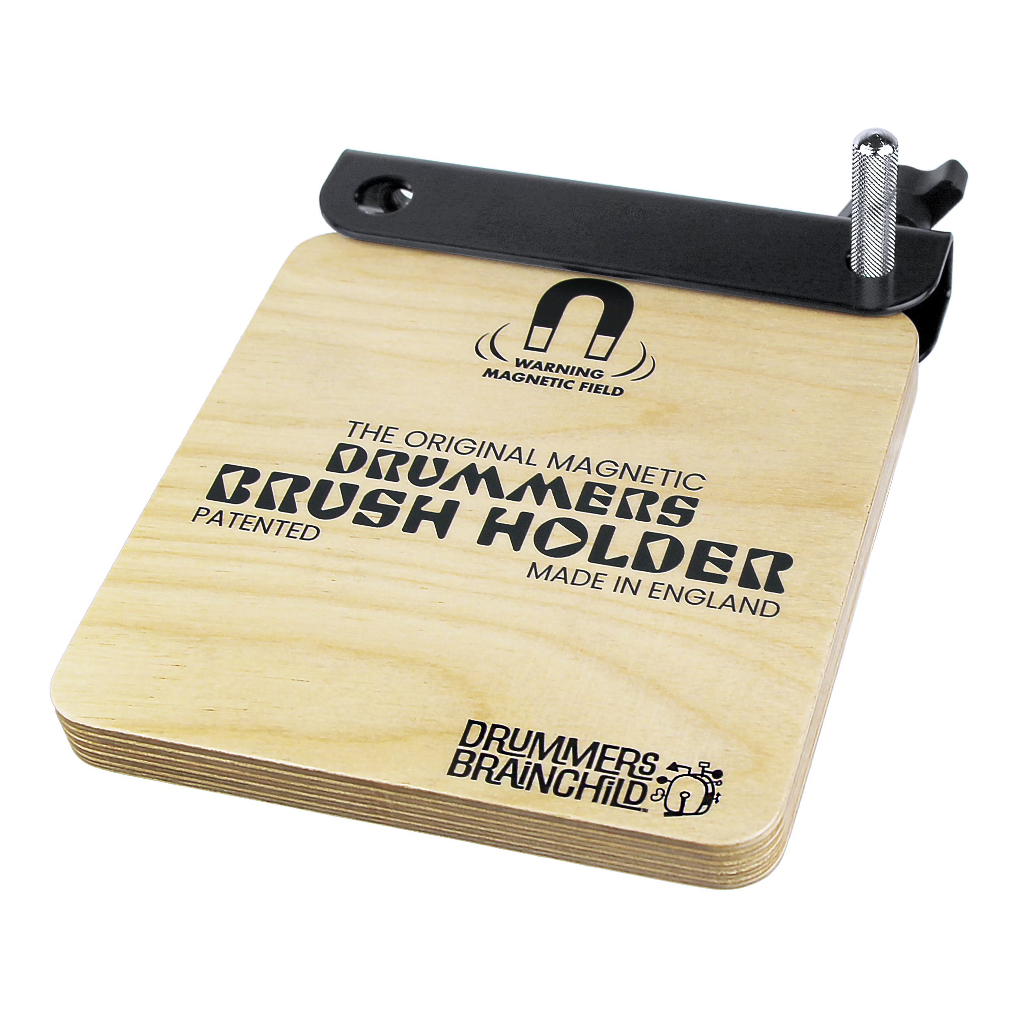 The Original Magnetic Drummers Brush Holder with birch plate and black mounting bracket
